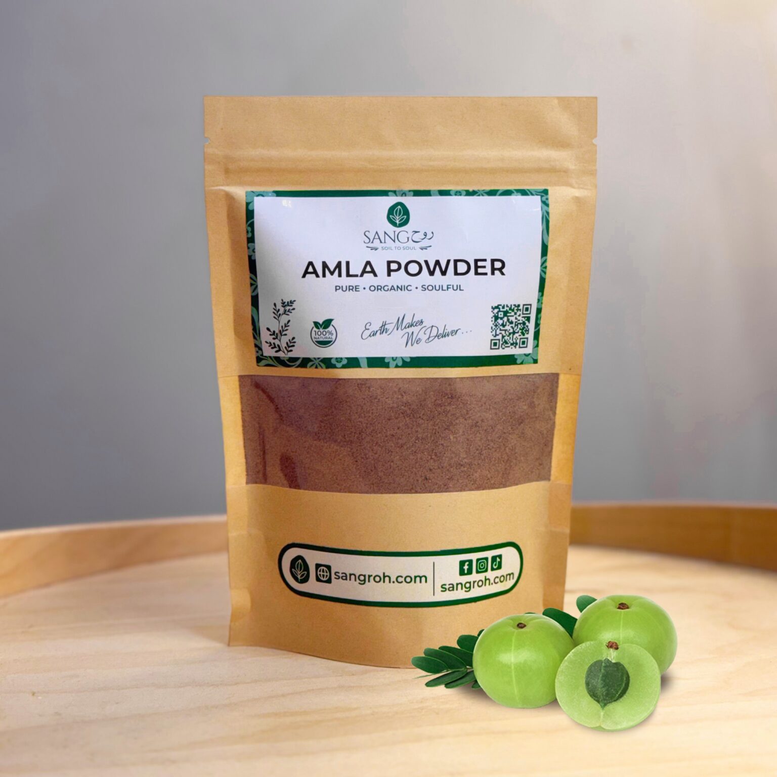 Pure organic amla powder in resealable pouch with fresh amla fruits for hair, skin, and immunity support