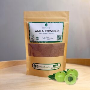 Pure organic amla powder in resealable pouch with fresh amla fruits for hair, skin, and immunity support