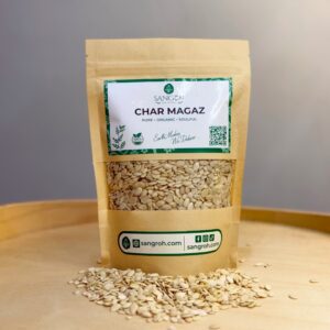 Pure organic char magaz in resealable pouch with four melon seeds used for natural curry thickening and creamy gravies
