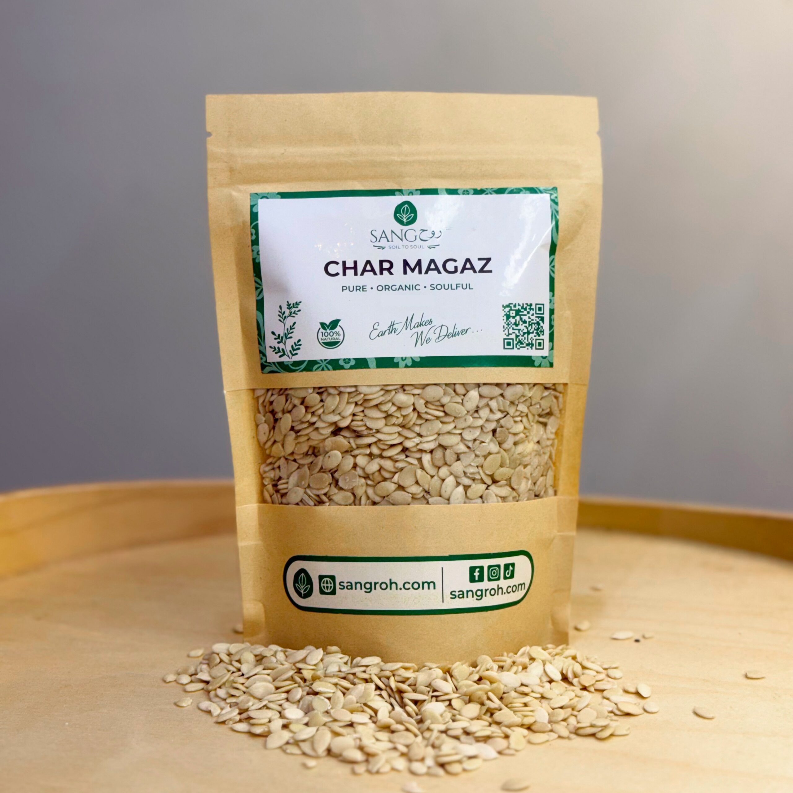 Pure organic char magaz in resealable pouch with four melon seeds used for natural curry thickening and creamy gravies
