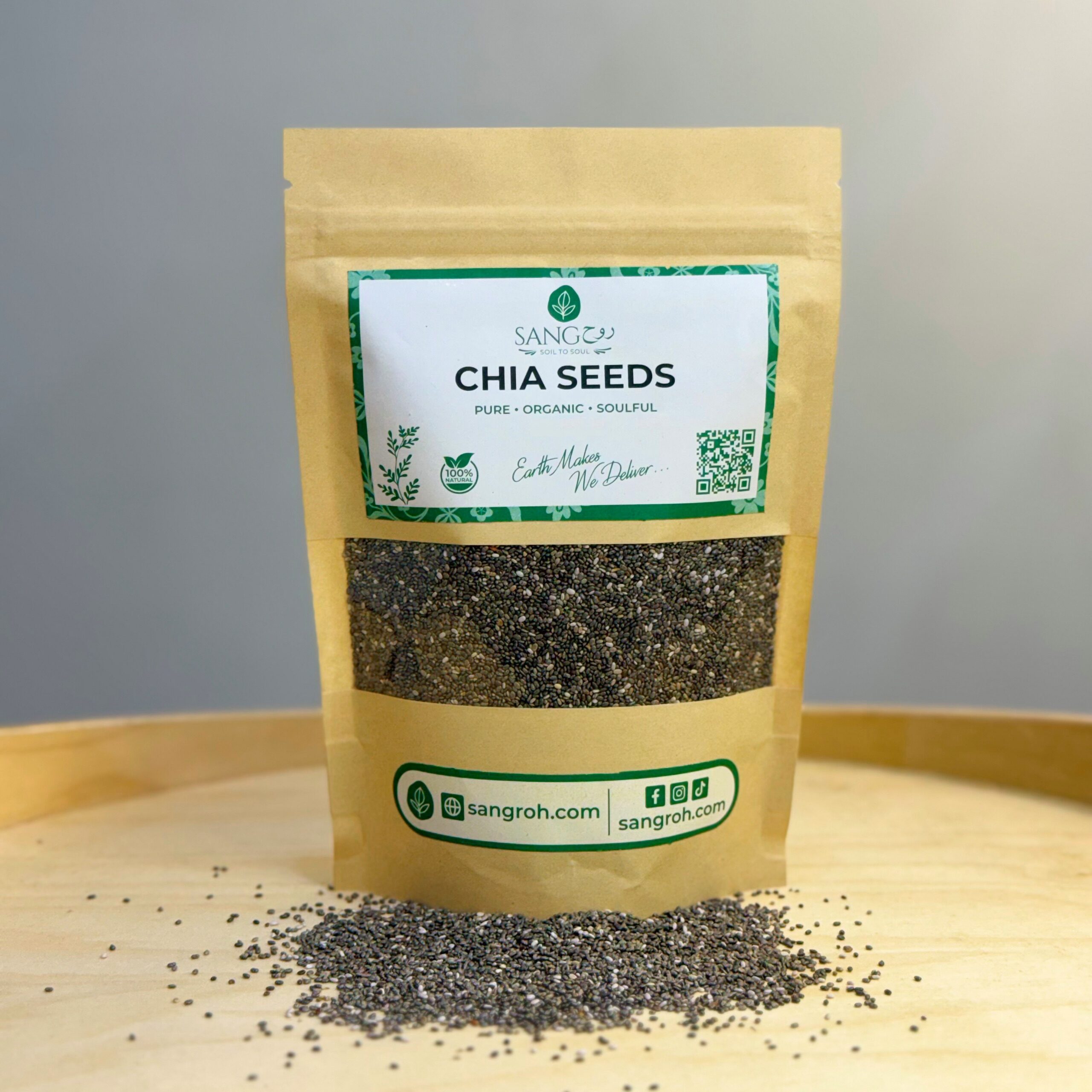 Pure organic chia seeds in resealable pouch with loose chia seeds for digestion, weight management, and energy