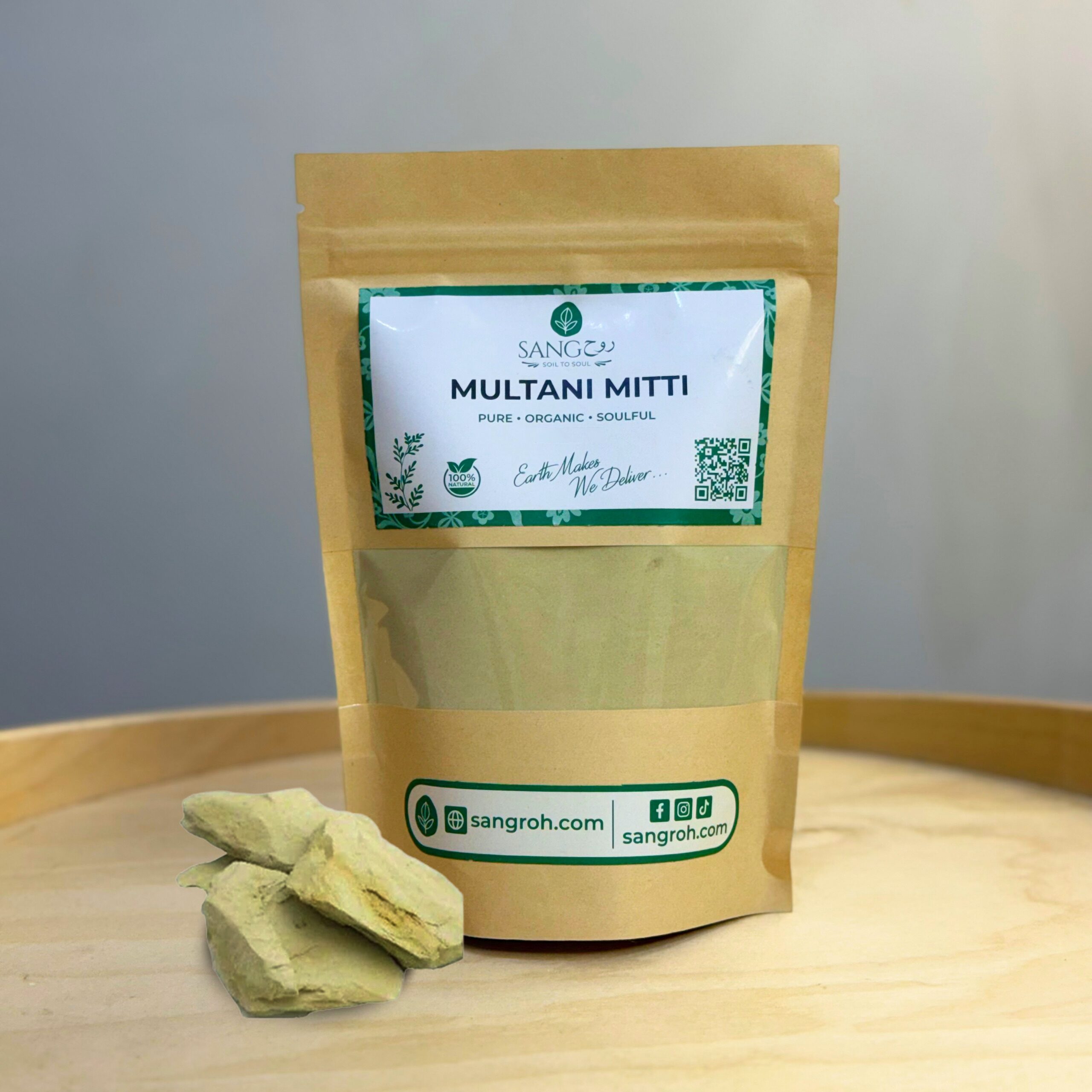 Pure organic multani mitti in resealable pouch with natural clay pieces for oily skin, acne control, and deep cleansing