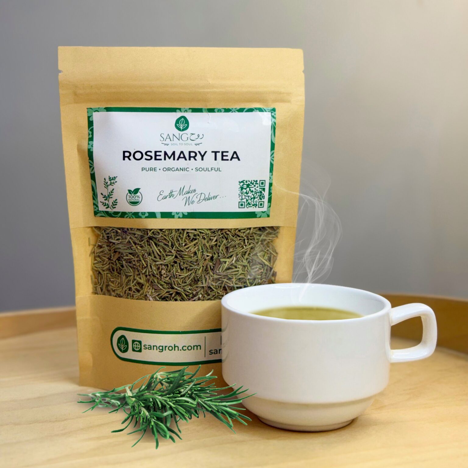 Pure organic rosemary tea leaves in resealable pouch with freshly brewed rosemary tea for digestion, focus, and relaxation