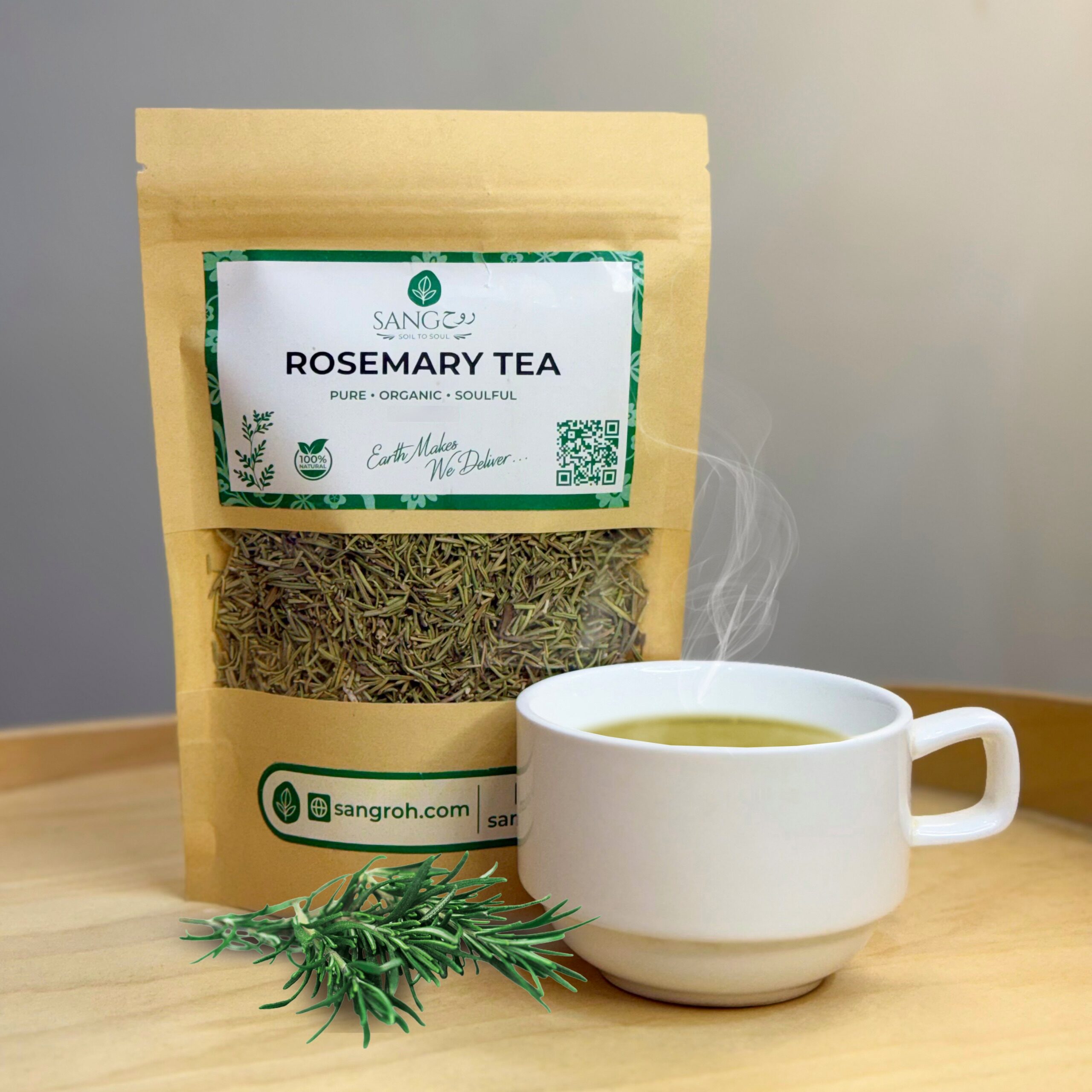 Pure organic rosemary tea leaves in resealable pouch with freshly brewed rosemary tea for digestion, focus, and relaxation