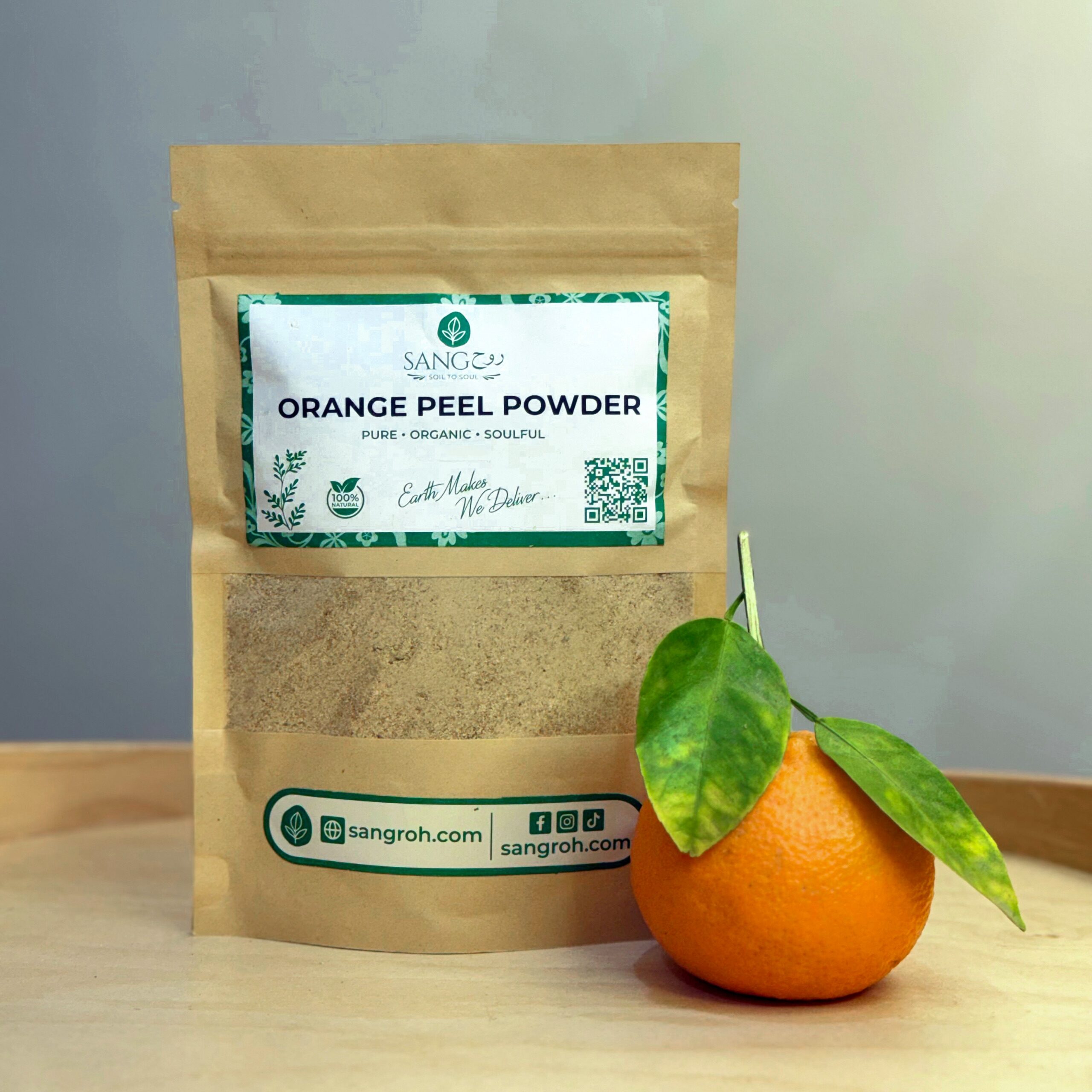 Pure organic orange peel powder in resealable pouch with fresh orange for natural skin brightening and oil control