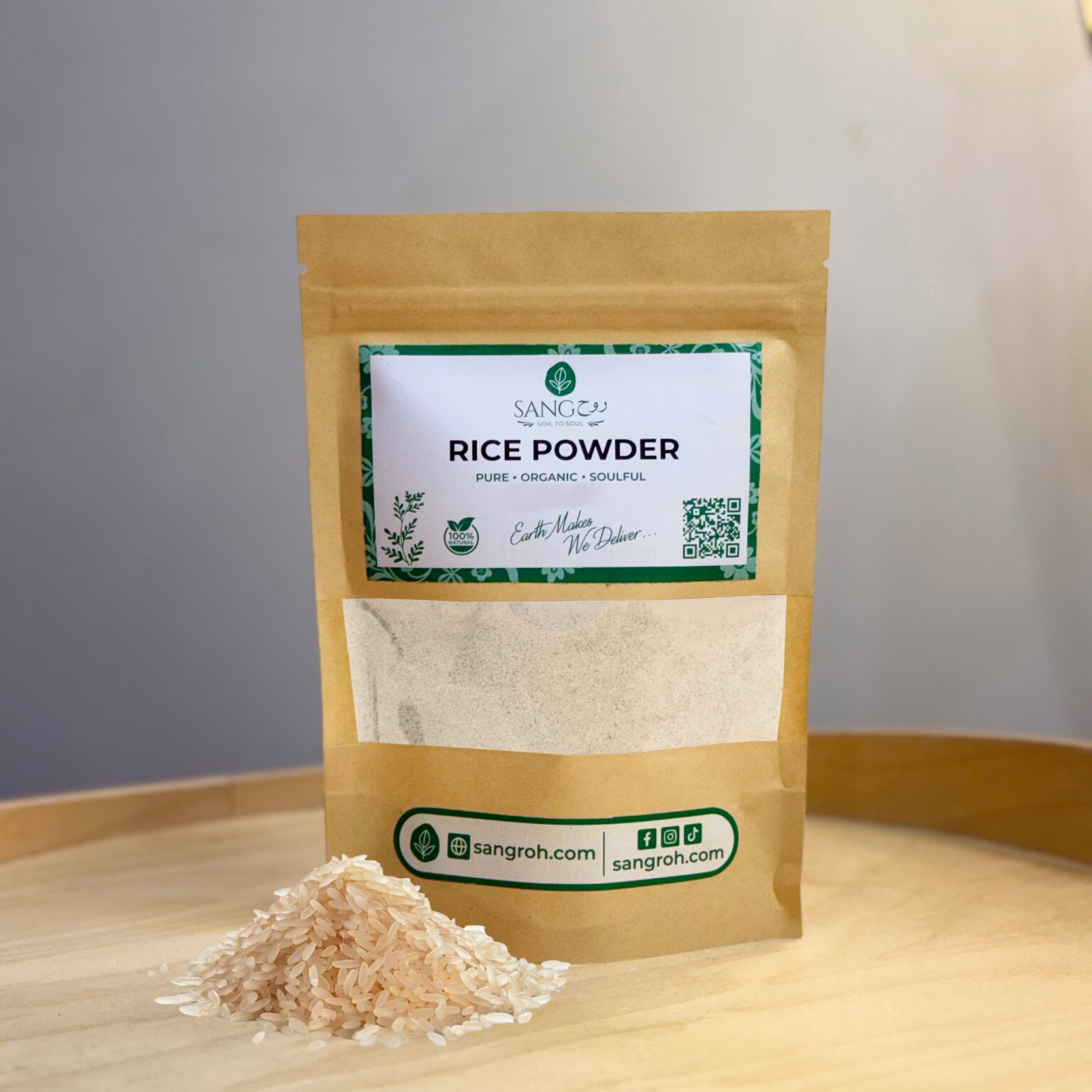 Organic rice powder in resealable pouch with raw rice grains for gentle exfoliation, oil control, and smooth skin