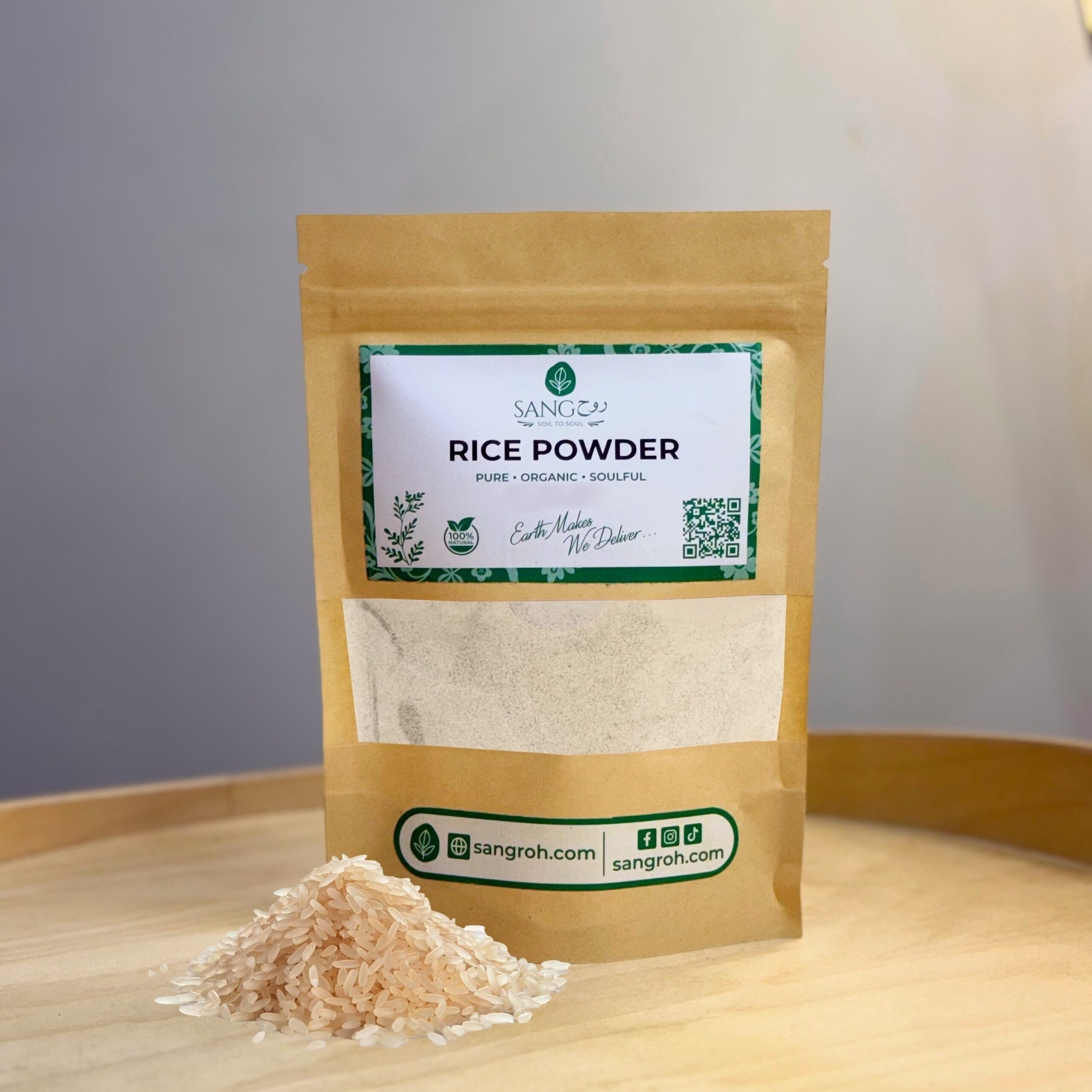 Organic rice powder in resealable pouch with raw rice grains for gentle exfoliation, oil control, and smooth skin