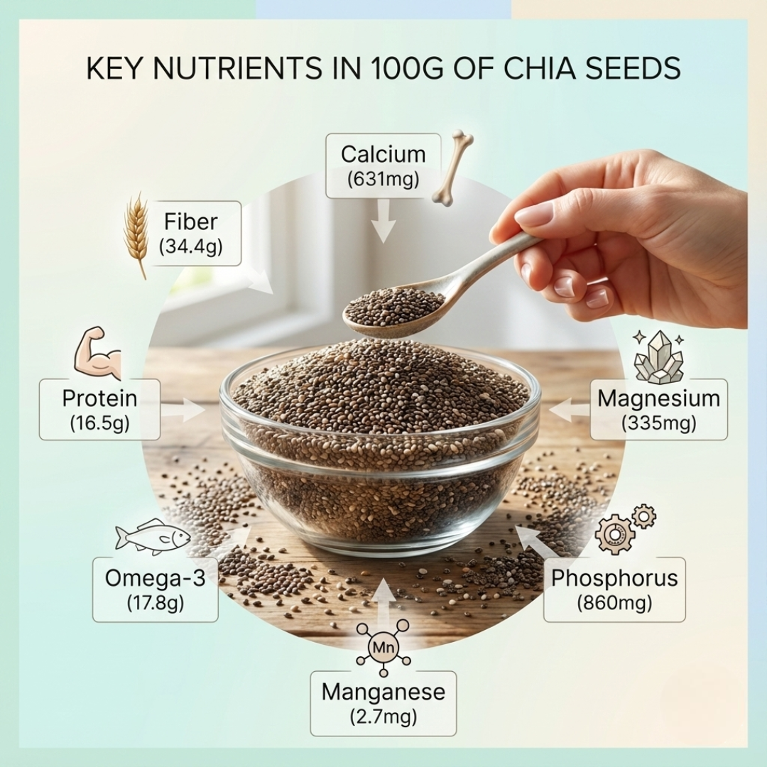 key nutrients in 100g of chia seeds 